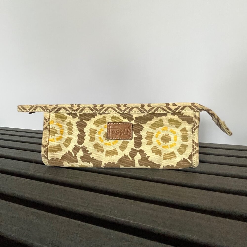 Fossil Canvas Pouch, Clutch, Cosmetic Bag Cream, Yellow and Green/Brown